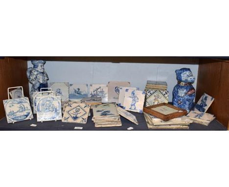 A quantity of 18th century and later Delft and other tiles, together with a 20th century Delft Toby jug, and a bear jug of si