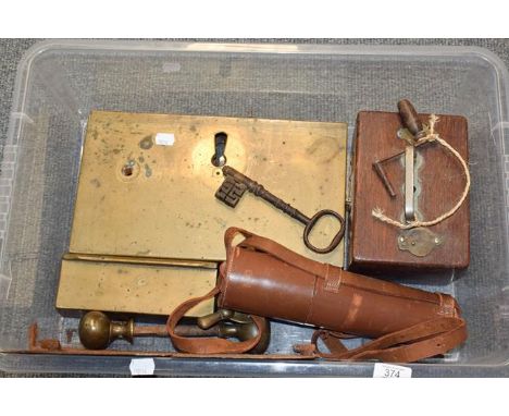 A George III lock plate and key, Jundes Thexor Pidgeon timing clock, and a cased telescope marked H C R &amp; Son Ltd Mk 2