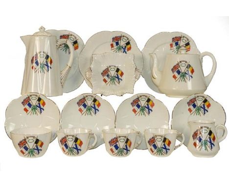 A WWII era late Shelley Foley for Freedom part teaset, decorated with flags of Britain, France, Belgium and Russia, comprisin