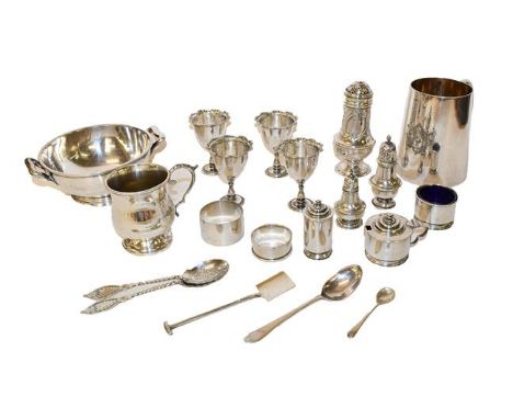 A collection of silver and silver plate, the silver including: a George III silver pepperette, by Hester Bateman, London, 178