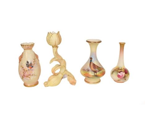 Two Royal Worcester vases, one painted with roses, together with two Worcester Locke &amp; Co vases painted with birds (4)