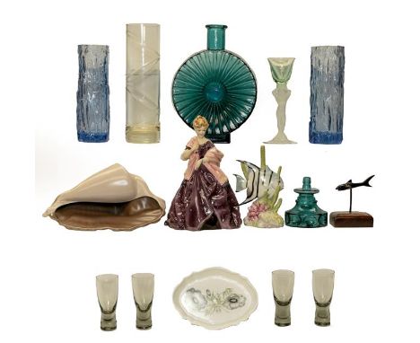 Two trays of glassware and ornaments including Doulton, Poole and Whitefriars .  Royal Worcester first dance by F.G Doughty, 