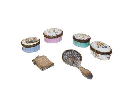 Three George III enamel patch boxes, and a later French example, together with an Edward VII silver caddy spoon by Ainsworth,