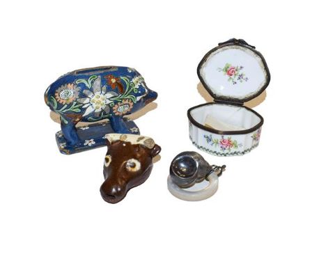 A 19th century stoneware whistle in the form of a cow (a.f.), a Sevres style painted porcelain trinket box, a Victorian silve