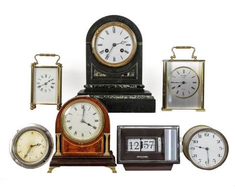 A Victorian marble striking mantle clock, a Smith dash board timepiece, a brass carriage timepiece, inlaid mantel timepiece, 