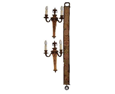 A woolwork bell pull, together with two gilt twin light sconces and gaming counters (4)