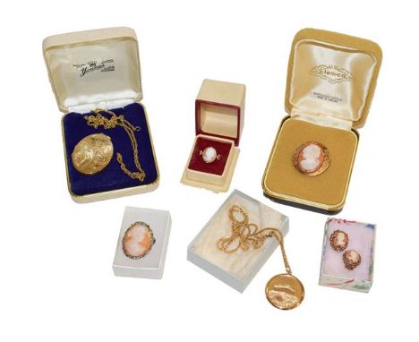 A cameo ring, stamped '9CT', finger size L, a pair of cameo earrings, a cameo brooch, and a cameo pendant, together with a lo