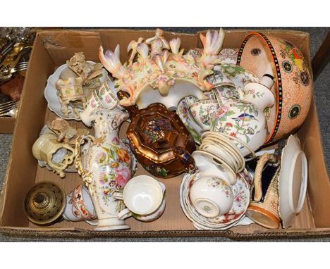 Three boxes of assorted ceramics and metalwares including Edwardian teasets, Aynsley table lamp base, Kings pattern silver pl