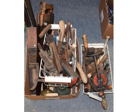 Three boxes of various wood working tools including planes, saws, etc (3)