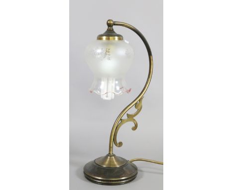 A bronze effect single branch tablelamp with etched glass shade.