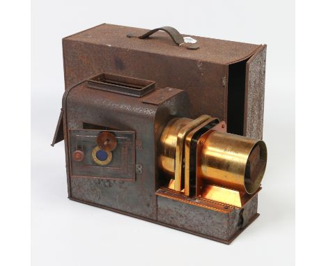 A Victorian magic lantern by Gardiner & Co. Glasgow in tin case. Condition Report. To be used as a guide only. Heavily pitted