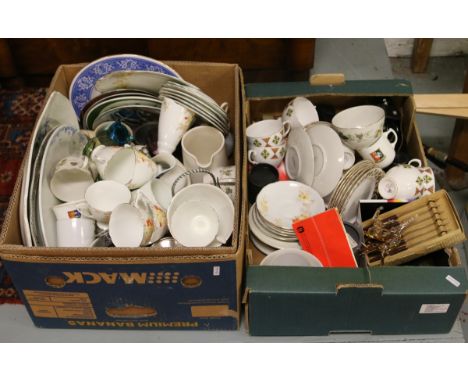 Two boxes of miscellaneous pottery, china, glassware, metalware and vintage photographic equipment including crested china, S