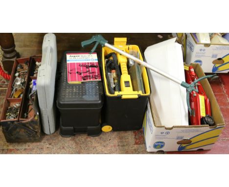 A cantilever tool box and two similar tool boxes and contents of engineers and joiners tools.