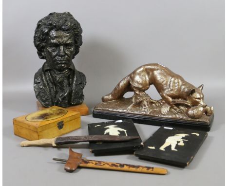 A collection of miscellaneous to include bronze effect bust of a gentleman, Mauchlin ware box, painted plaster cast model of 