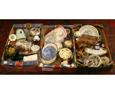 Three boxes of miscellaneous china, crockery and glassware to include Spode, Royal Albert, decorative items, C19th pieces etc