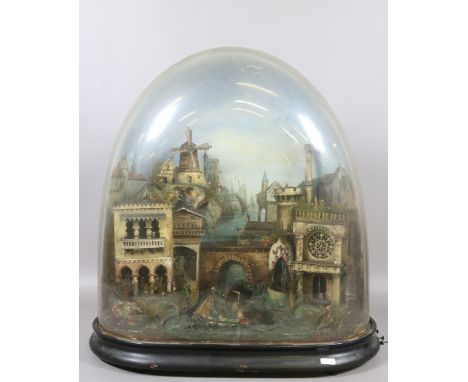 A 19th century continental Automaton Diorama set under a handpainted glass dome coastal landscape with houses and building. T