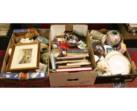 Three boxes of miscellaneous china, crockery and glasswares to include Spode, Limoges and books.