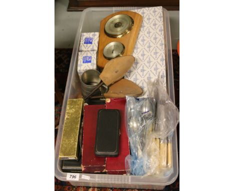 A box of silver plate and stainless steel metalwares to include canteens of cutlery, flatwares, pewter collectables, along wi