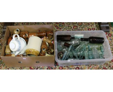 Two boxes of miscellaneous to include old bottles and stoneware jars along with a part tea service.