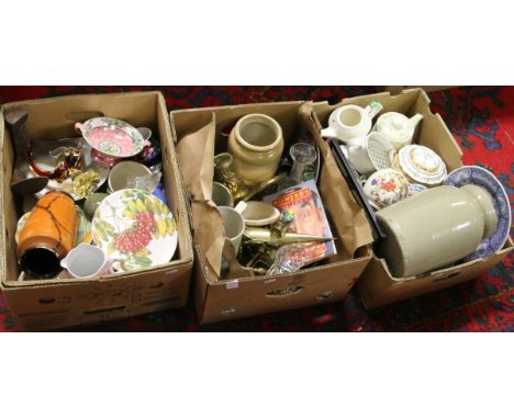 Three boxes of miscellaneous china, crockery and glasswares to include Spode, Hornsea, Mailing, art glass, stoneware etc.