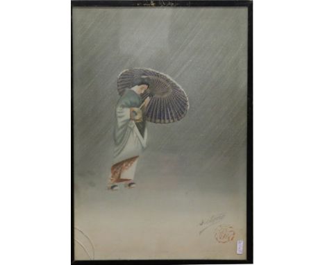 A Japanese framed watercolour. Portrait of a Geisha Girl. Signed Kitono.