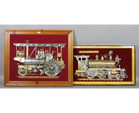 A framed and mounted study of an American locomotive named Shenectady 4.4.0 1877 along with a similar model of a traction eng