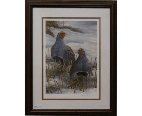 Robert E Fuller mahogany framed limited edition signed print 'greys on winter stubble' 430/850.