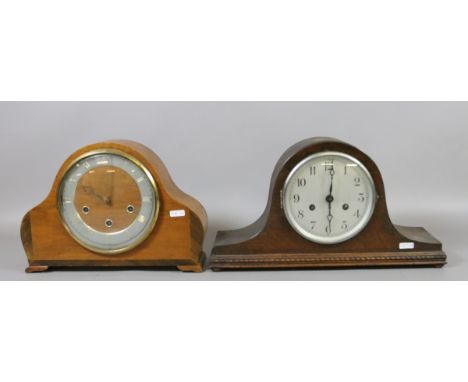 A walnut cased Westminster chime mantel clock along with an oak cased 8 day chiming mantel clock.