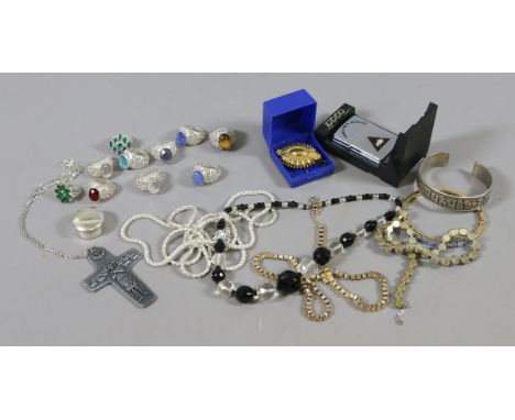A collection of costume jewellery to include original white metal bangle, gem set rings, necklaces, beads and brooches and a 