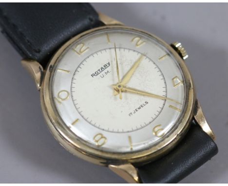 A gentlemens vintage 9 carat gold wristwatch with manual wind, two tone face and 17 jewelled movement.