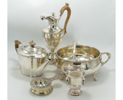 A collection of silver plated items to include wine ewer, punch bowl, tea pot, etc 