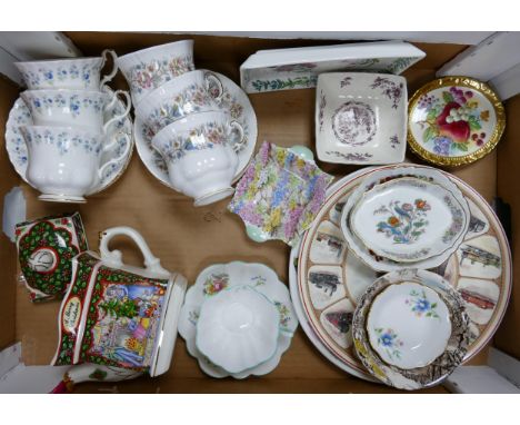 A mixed collection of item to include Royal Albert Memory Lane, Paragon Meadowvale cups &amp; saucers sets, Sadler Merry Chri