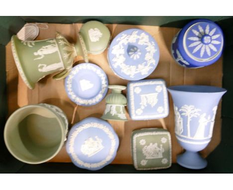 A collection of multicoloured Wedgwood Jasperware to include vases, trinket boxes, small planter etc 
