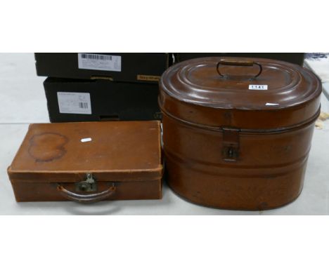 Vintage large tin hat box in original paint together with small card brief case 