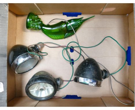 Two CAV Branded Vintage Car Running Lights diameter 9cm together with similar Brass Lucas item &amp; novelty Perfume Bottle 