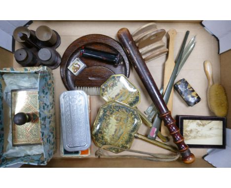 A mixed collection of items to include vintage trucheon , damaged shell type small box, dressing table mirror and brush, razo