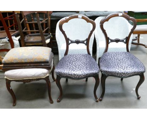 Victorian mahogany furniture to include pair of cabriole leg bar back dining chairs in leopard print upholstery H: 87cm W: 47