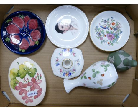 Moorcroft Anemone On Blue Ground Coater &amp; similar lidded oval box together with Wedgwood &amp; Aynsley  vases, coasters &