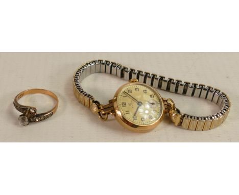 9ct gold ladies Cyma wrist watch with a yellow metal ring. (2) 