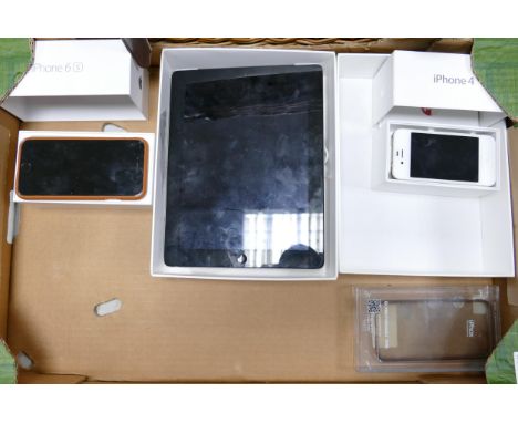 A collection of vintage Boxed Apple items including 16gb Ipad, Iphone 6s (cracked screen) &amp; Iphone 4(3) 