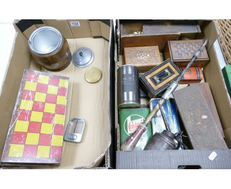 A mixed collection of items to include vintage tins &amp; wooden boxes, sheilded Oak Biscuit Barrel etc (2 trays) 