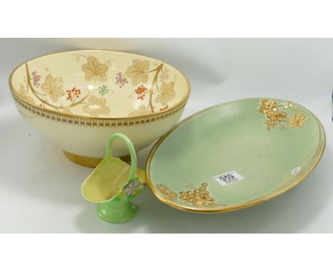 Carltonware Floral Decorated Large Fruit Bow, similar Australian Patterned Basket & oval green centerpiece(chip to under rim)