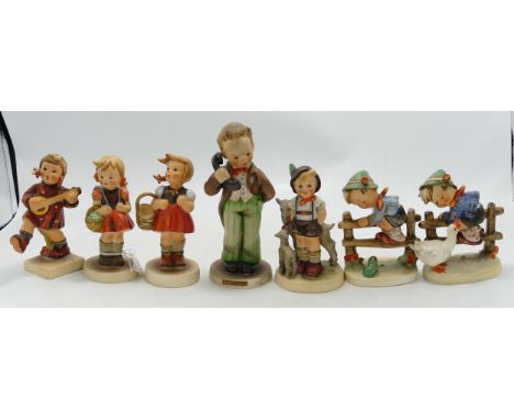 A collection of Goebel Hummel small figures including School Girl x 2, Hello, Little Goat Herder, Happiness &amp; Barnyard He