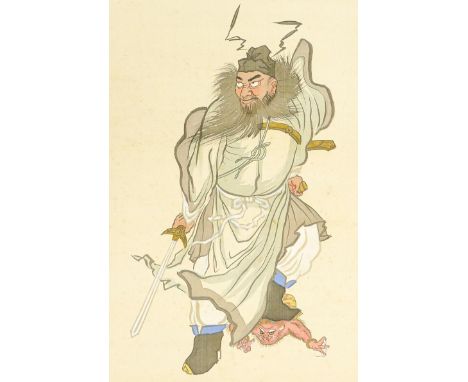 Cased Chinese scroll with image of Zhong Kui, a deity in Chinese mythology, rolled out length 191cm x 54cm 