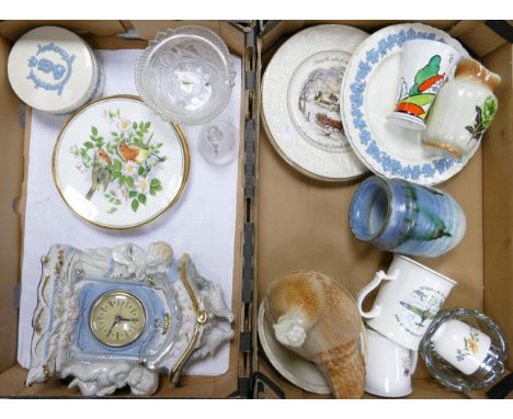 A mixed collection of items to include Wedgwood Queens ware, Ceramic Mantle Clock, Glass ware etc (2 trays) 