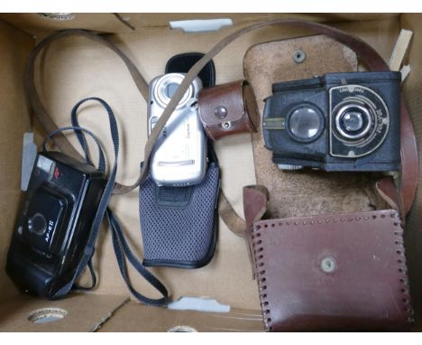 A collection of cameras to include Ensign , ful-fue camera, minnotla af-eii compact camera and Samsung digital camera 