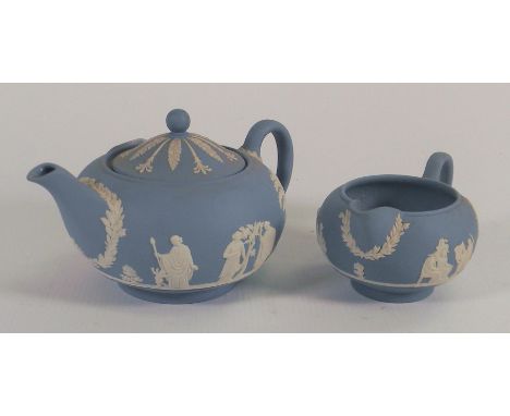 Wedgwood Jasper ware small teapot &amp; cream jug, tallest 11cm(2) 