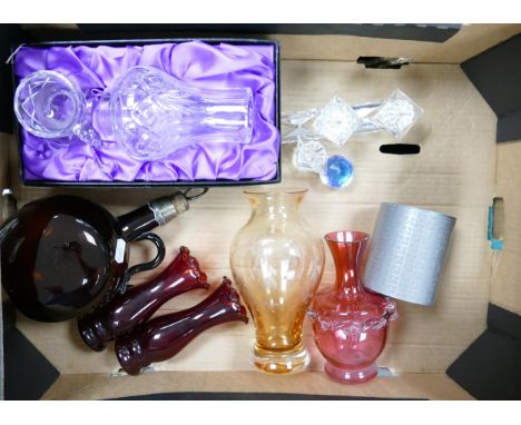 A collection of glass items to include swarovski candlestick, early brown glass whisky decanter with silver plated collar, cr