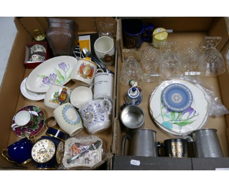 A mixed collection of items to include, Quality Cut Glass , Carltonware, Spode Miniatures, pewter tankard etc (2 trays) 