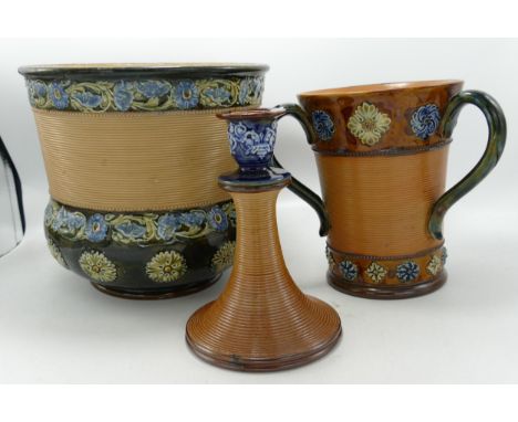 Royal Doulton Lambeth Style Stoneware Ribbed items to include, large planter, candlestick &amp; tyg, largest 19.5(3) 